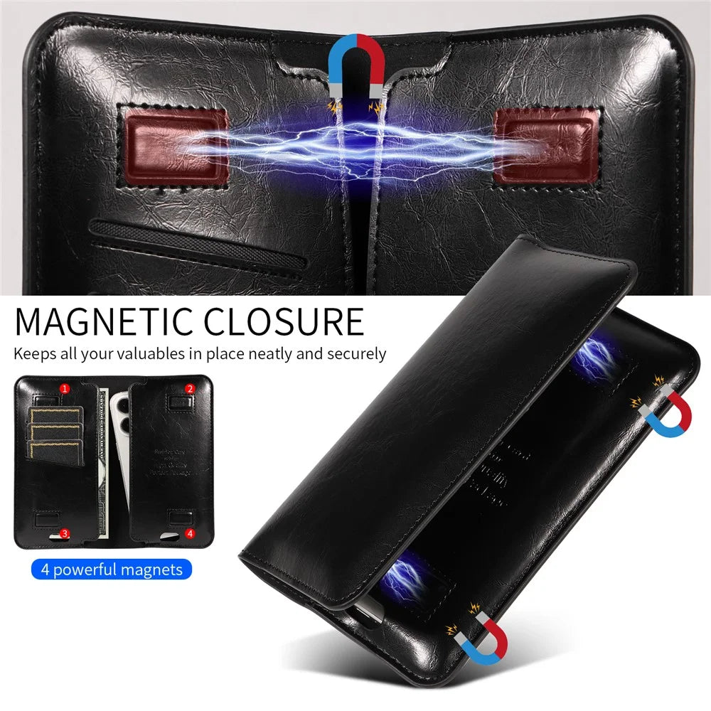 19x11cm Universal PU Leather Dual Phone Pouch with Magnetic Closure,  3 Card Slots, Charging Port Access - Black - 3