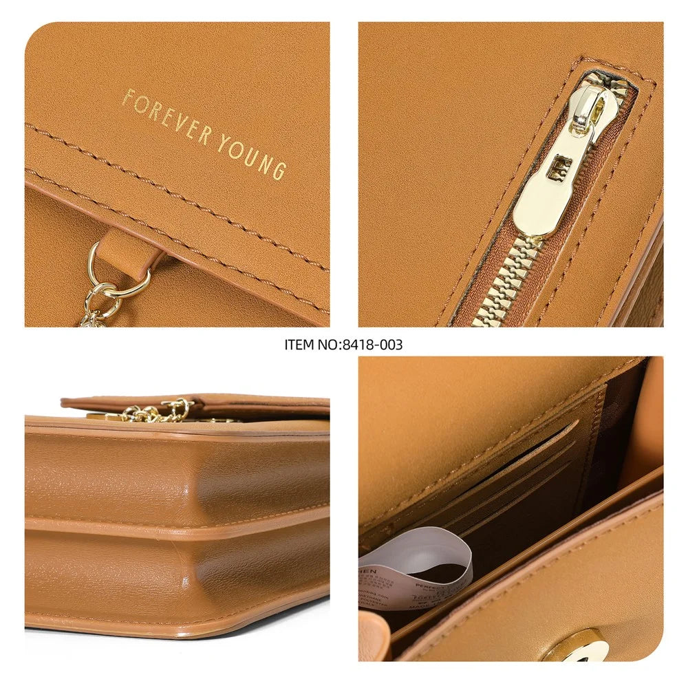 FOREVER YOUNG 8418-003 Crossbody Phone Bag for iPhone 12 / 12 Pro Leather Vertical Shoulder Phone Purse Wallet - Brown - 6