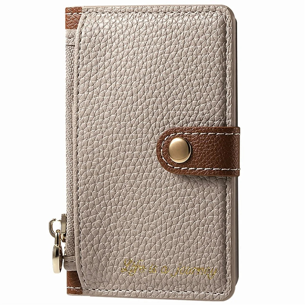PU Leather Phone Card Bag Adhesive Kickstand Zipper Card Holder - Khaki - 1