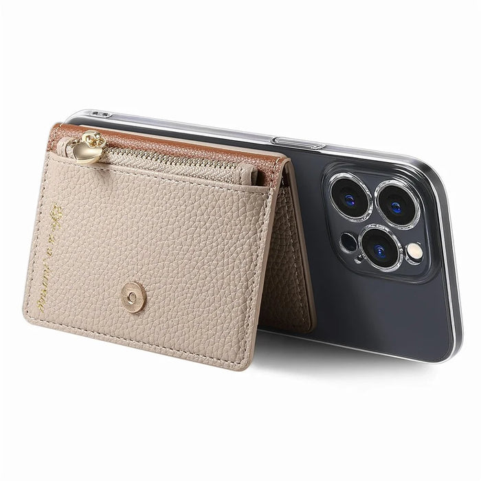 PU Leather Phone Card Bag Adhesive Kickstand Zipper Card Holder - Khaki - 3