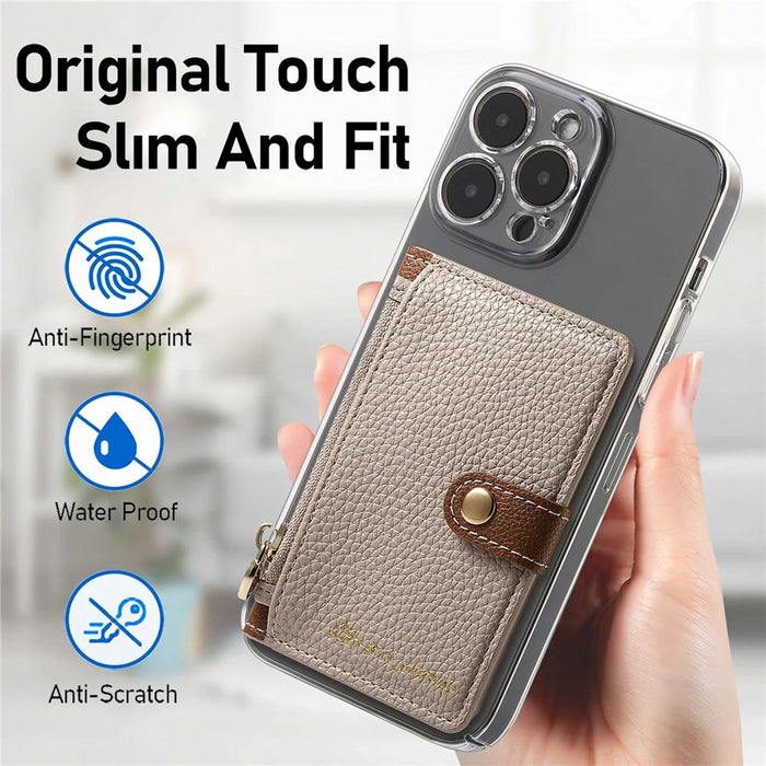 PU Leather Phone Card Bag Adhesive Kickstand Zipper Card Holder - Khaki - 7