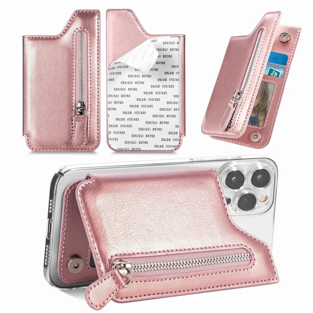 Phone Zipper Wallet Card Bag PU Leather Adhesive Kickstand Card Holder - Rose Gold - 1