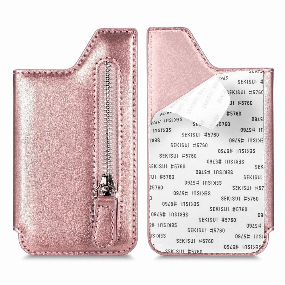 Phone Zipper Wallet Card Bag PU Leather Adhesive Kickstand Card Holder - Rose Gold - 4