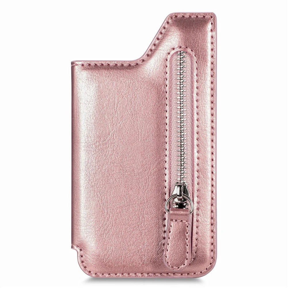 Phone Zipper Wallet Card Bag PU Leather Adhesive Kickstand Card Holder - Rose Gold - 5