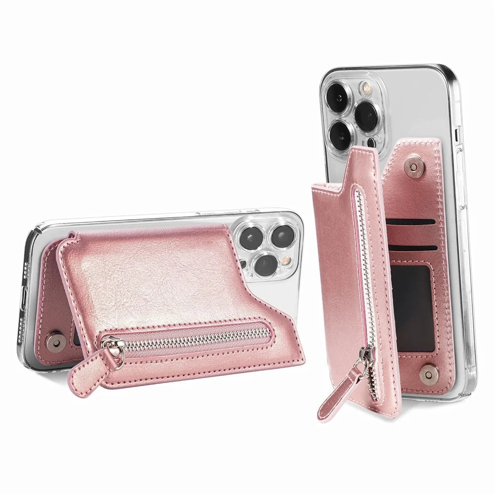 Phone Zipper Wallet Card Bag PU Leather Adhesive Kickstand Card Holder - Rose Gold - 6