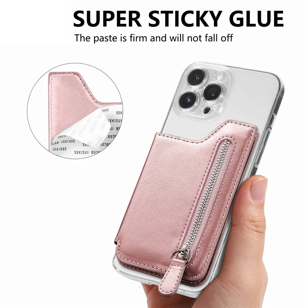 Phone Zipper Wallet Card Bag PU Leather Adhesive Kickstand Card Holder - Rose Gold - 7