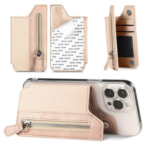 Zipper Card Holder Bag Kickstand Carbon Fiber Texture Leather Zipper Wallet - Khaki - 1