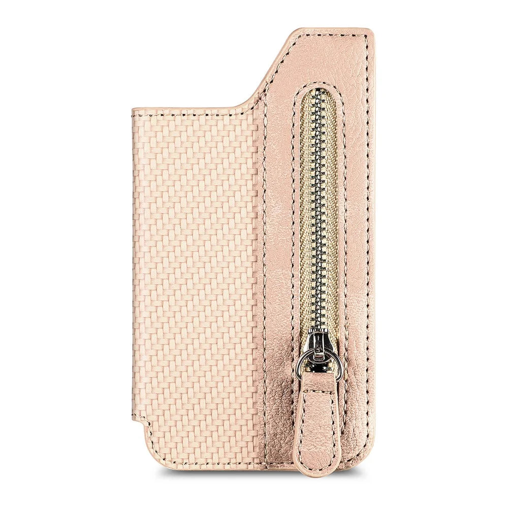 Zipper Card Holder Bag Kickstand Carbon Fiber Texture Leather Zipper Wallet - Khaki - 2