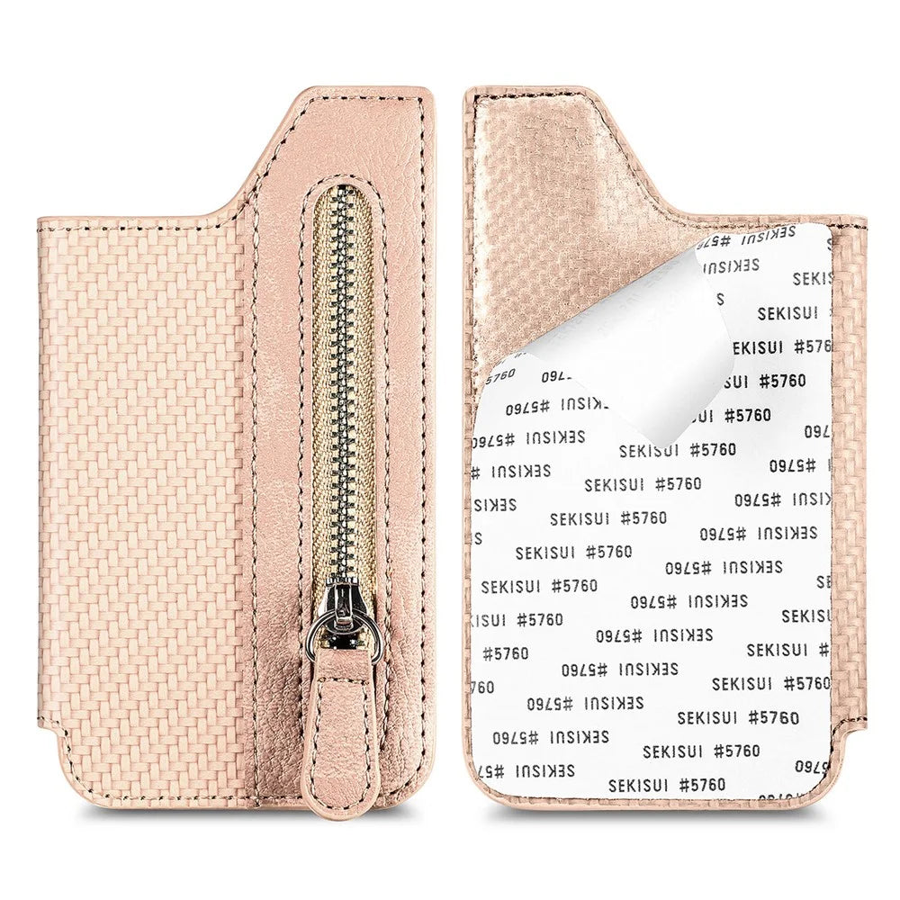 Zipper Card Holder Bag Kickstand Carbon Fiber Texture Leather Zipper Wallet - Khaki - 3