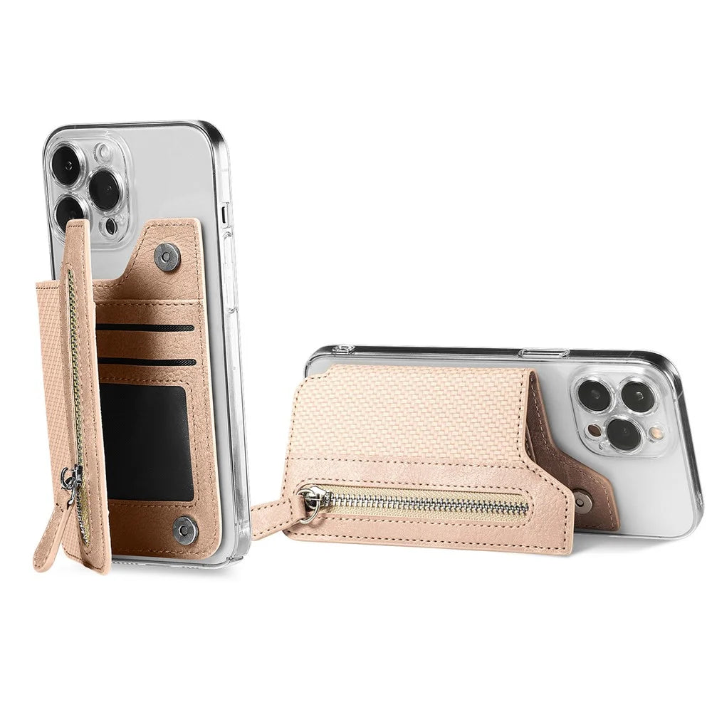 Zipper Card Holder Bag Kickstand Carbon Fiber Texture Leather Zipper Wallet - Khaki - 5
