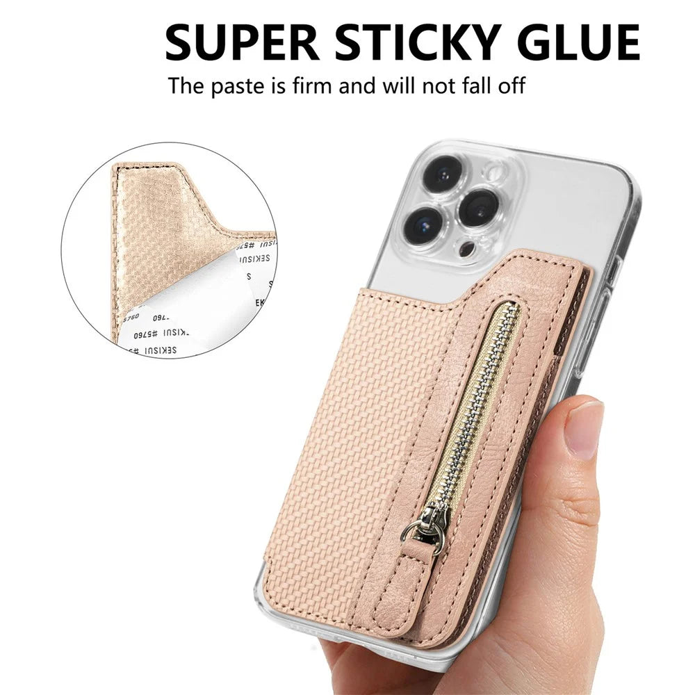 Zipper Card Holder Bag Kickstand Carbon Fiber Texture Leather Zipper Wallet - Khaki - 6