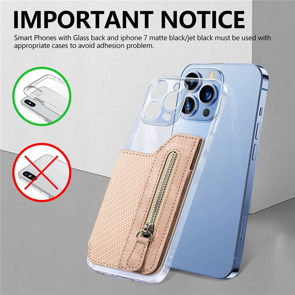 Zipper Card Holder Bag Kickstand Carbon Fiber Texture Leather Zipper Wallet - Khaki - 7
