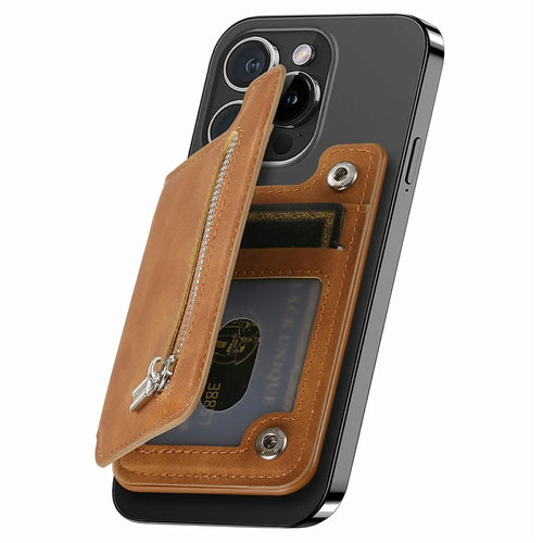 Card Holder Kickstand Leather Zipper Card Bag RFID Blocking - Brown - 1