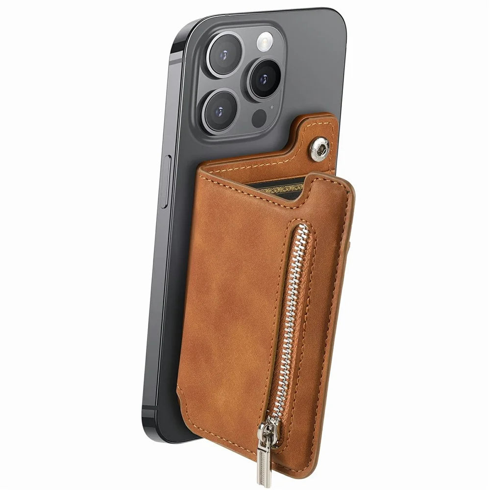 Card Holder Kickstand Leather Zipper Card Bag RFID Blocking - Brown - 3