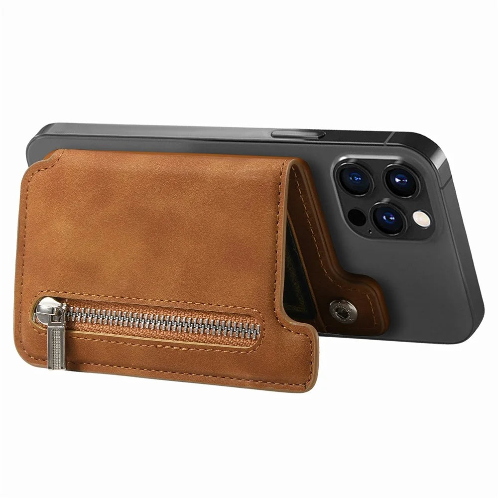 Card Holder Kickstand Leather Zipper Card Bag RFID Blocking - Brown - 4
