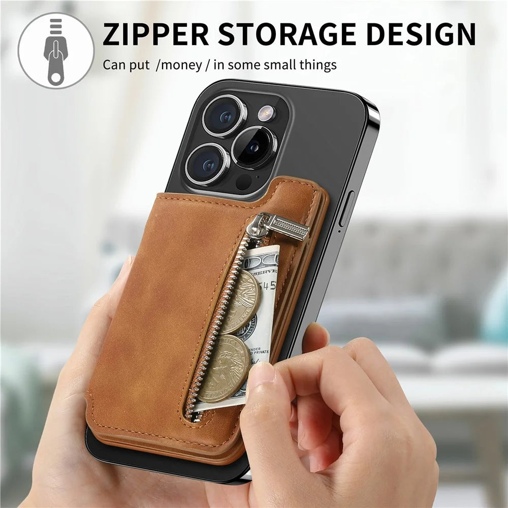 Card Holder Kickstand Leather Zipper Card Bag RFID Blocking - Brown - 6