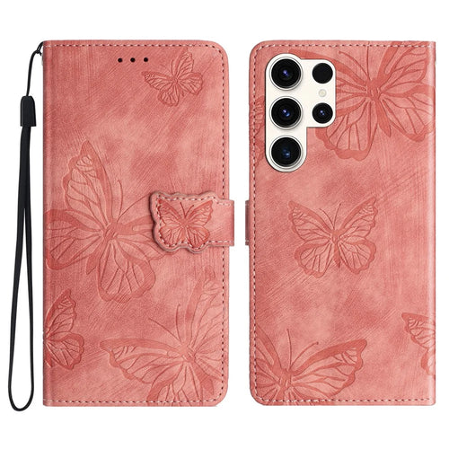 For Samsung Galaxy S25 Ultra Case Butterfly Design Flip Wallet Leather Phone Cover Skin-Touch - Pink - 1