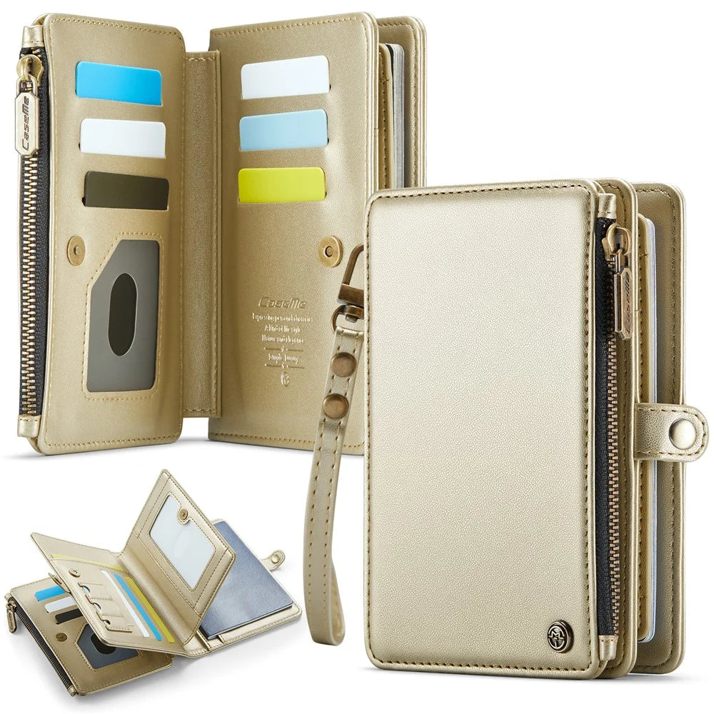 CASEME Me60 RFID Blocking Passport Leather Wallet 11 Card Slots Travel Organizer With Zipper Pocket SIM Card Holder - Gold - 1