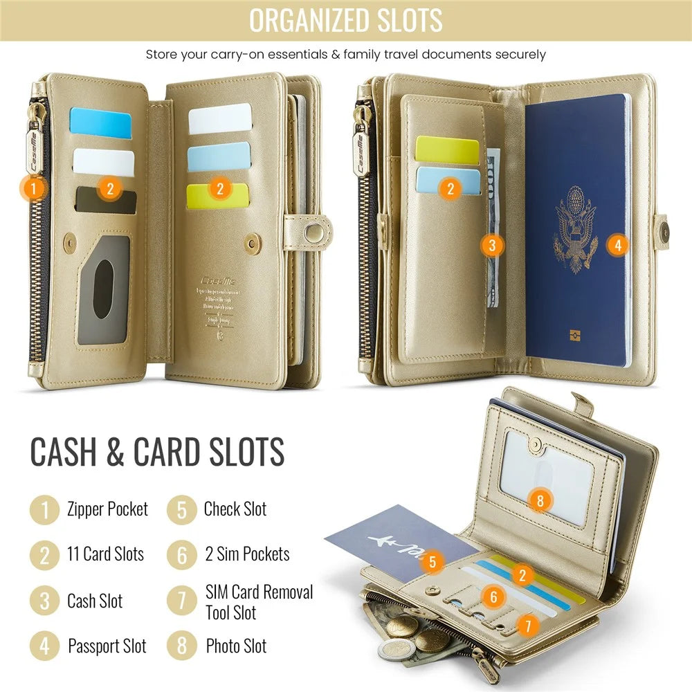 CASEME Me60 RFID Blocking Passport Leather Wallet 11 Card Slots Travel Organizer With Zipper Pocket SIM Card Holder - Gold - 5