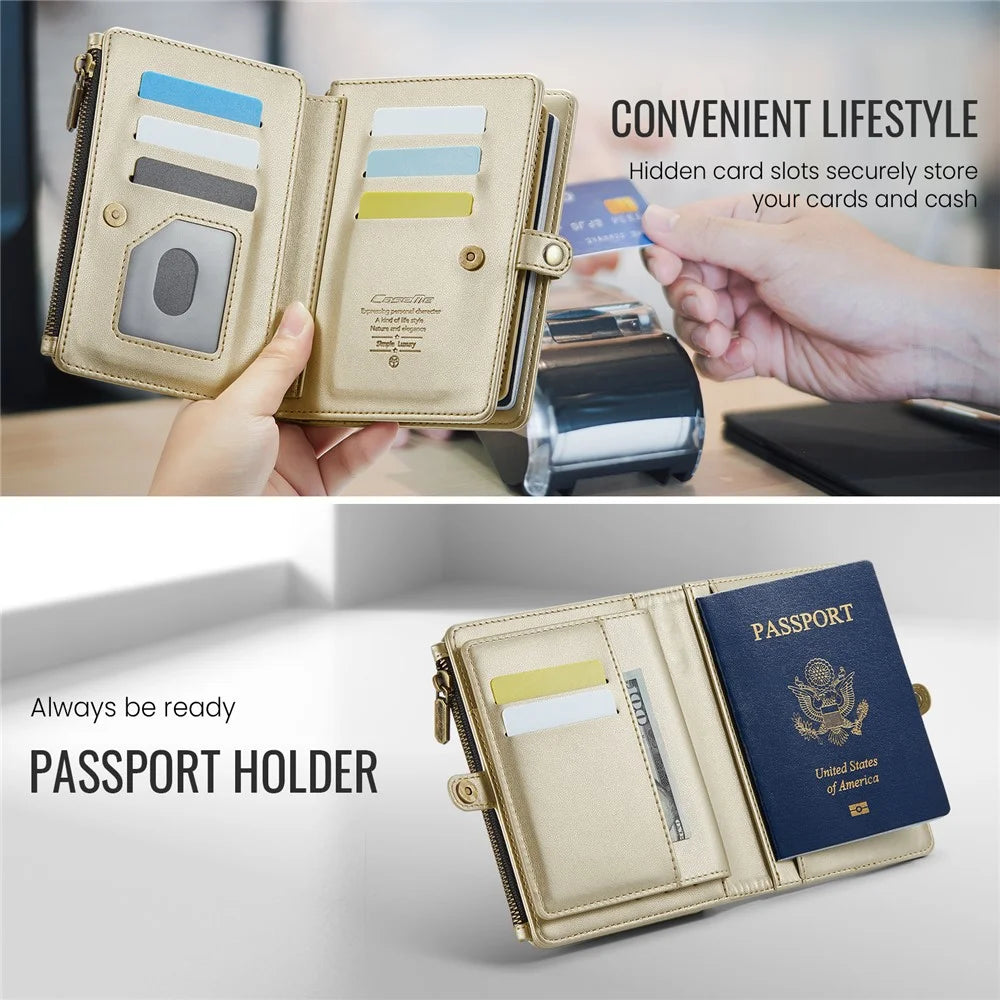 CASEME Me60 RFID Blocking Passport Leather Wallet 11 Card Slots Travel Organizer With Zipper Pocket SIM Card Holder - Gold - 6
