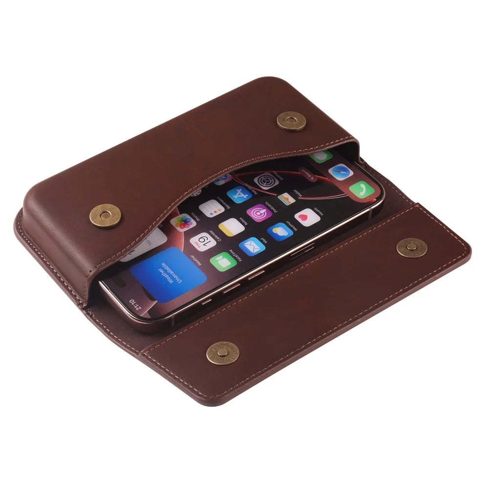 Pouch Holder for 6.7 - 6.9 Inch Phone Large Flap Horizontal Double Magnetic Phone Waist Bag - Coffee - 6