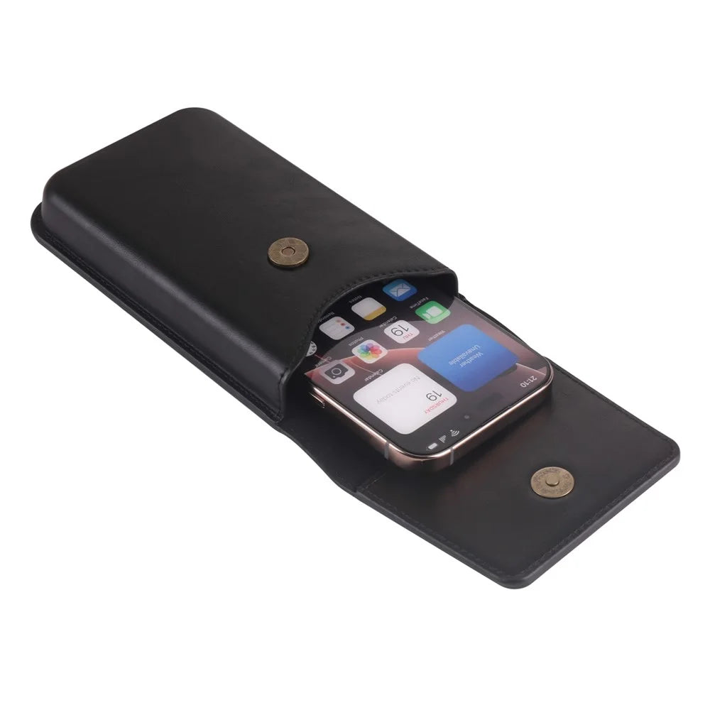 Universal Vertical Waist Pouch For Smartphones 6.7-6.9 Inch PU Leather Magnetic Closure Large Flap Design Phone Bag - Black - 6