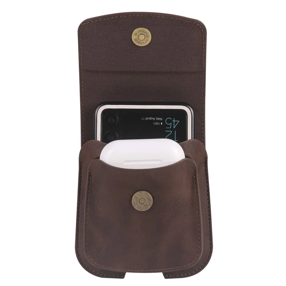 Foldable Waist Bag for Samsung Galaxy Z Flip7 FE 5G / Z Flip6 5G / AirPods 4 , Dual Compartment Compact Belt Pouch Phone Earbuds Holder - Coffee - 3