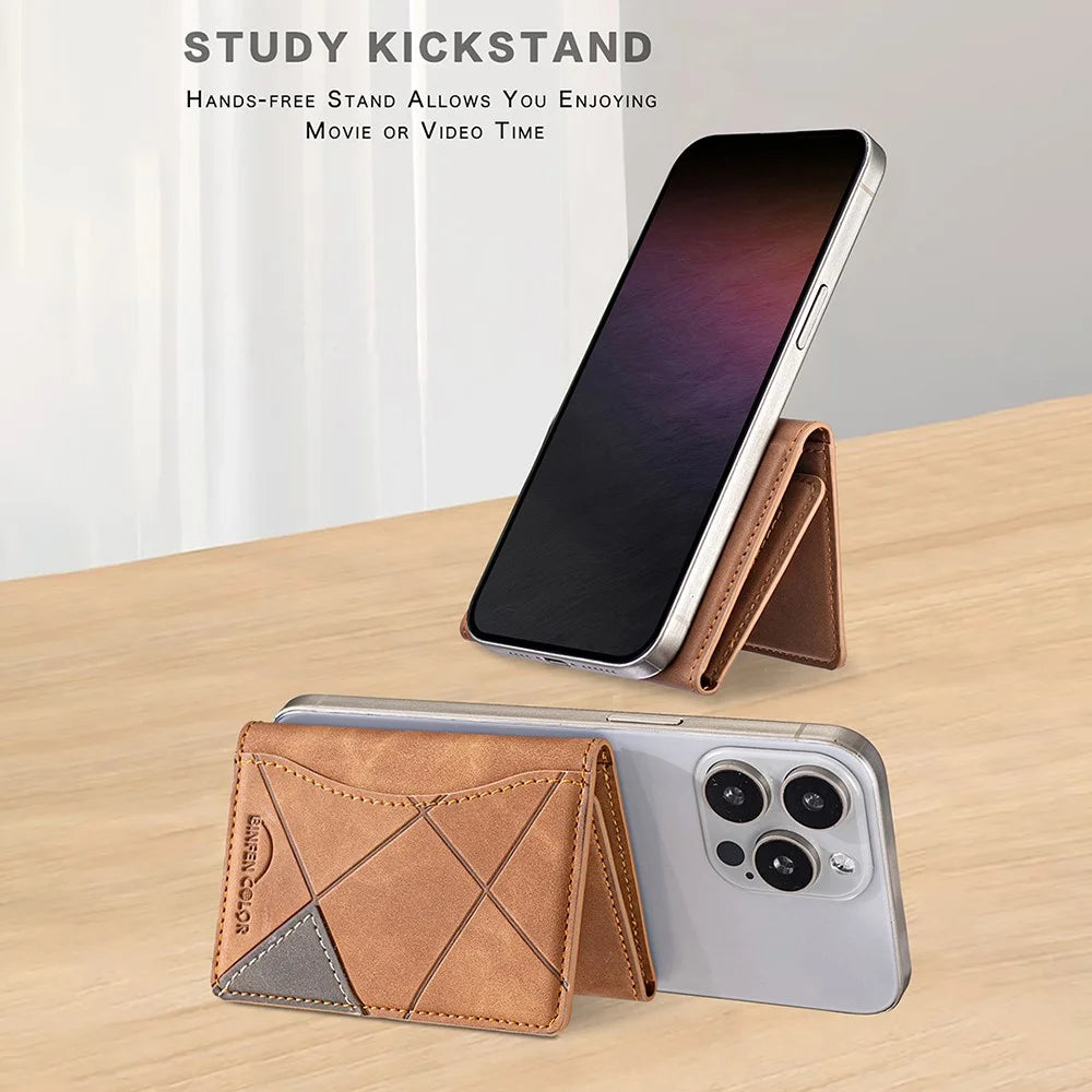 BINFEN COLOR BFK16 Magnetic Phone Card Holder Kickstand Rhombic Pattern Matte Card Bag Horizontal - Yellow - 4
