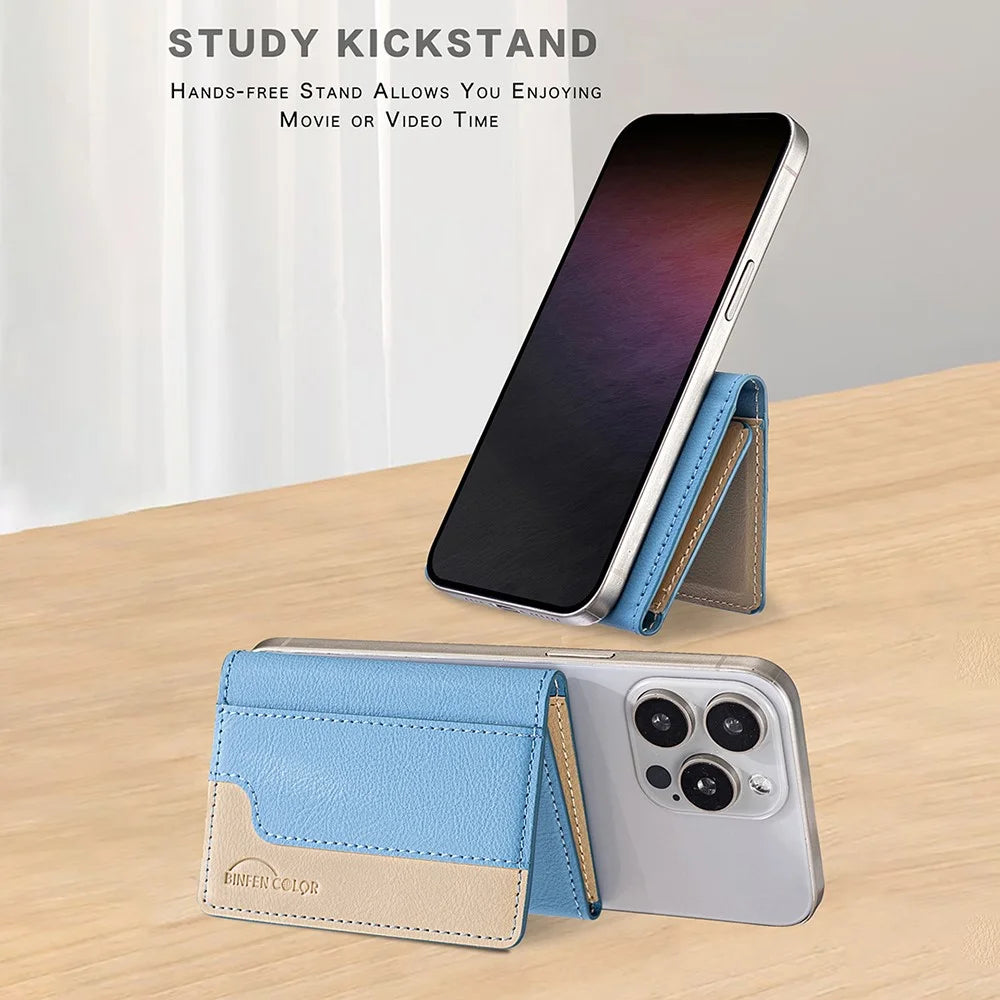 BINFEN COLOR BFK18 Magnetic Phone Card Holder Kickstand Splicing Color Matte Card Bag Horizontal - Baby Blue - 4