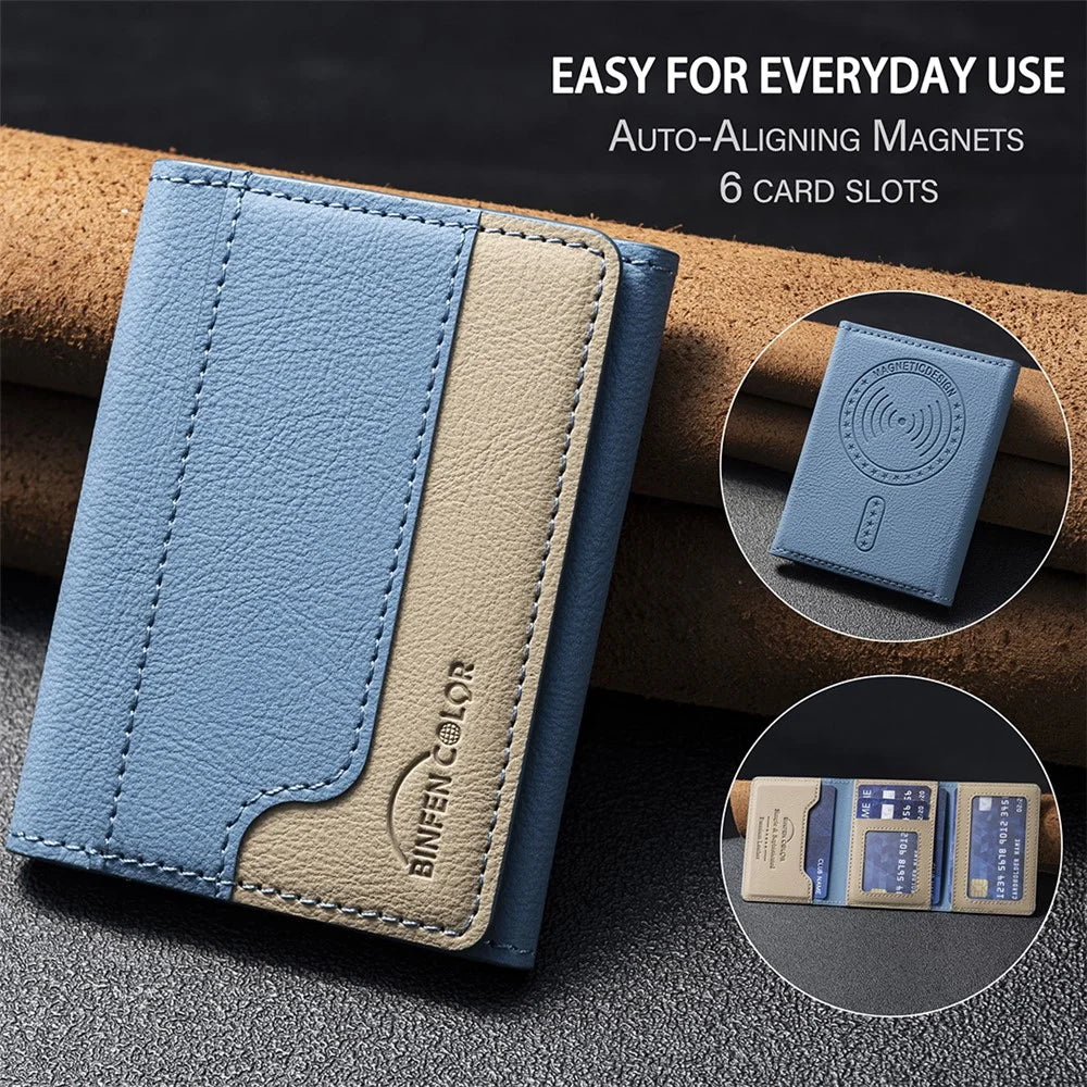 BINFEN COLOR BFK18 Magnetic Phone Card Holder Kickstand Splicing Color Matte Card Bag Horizontal - Baby Blue - 6