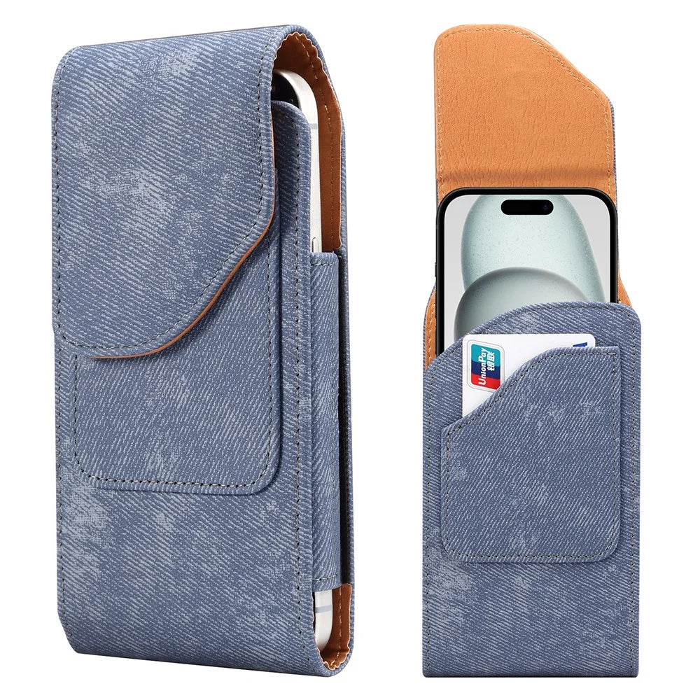 6.1 inch Phone Case Holster for iPhone 17 Pro / 17 / 17e / 16e / 16 / 16 Pro / Samsung Galaxy S26 / S25 Jeans Cloth Texture Belt Clip Leather Bag with Card Slot - Blue - 1
