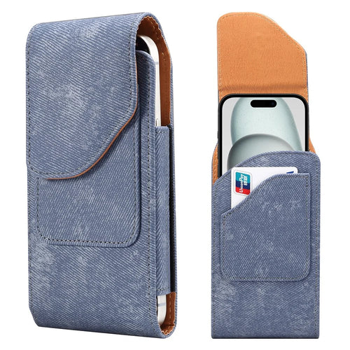 6.1 inch Phone Case Holster for iPhone 17 Pro / 17 / 17e / 16e / 16 / 16 Pro / Samsung Galaxy S26 / S25 Jeans Cloth Texture Belt Clip Leather Bag with Card Slot - Blue - 1