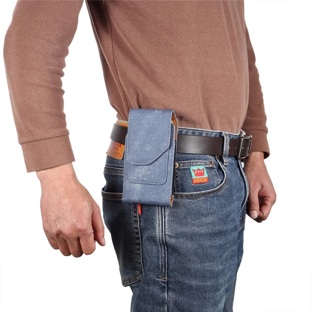 6.1 inch Phone Case Holster for iPhone 17 Pro / 17 / 17e / 16e / 16 / 16 Pro / Samsung Galaxy S26 / S25 Jeans Cloth Texture Belt Clip Leather Bag with Card Slot - Blue - 7