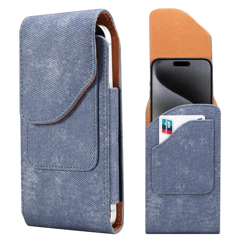 6.7  /  6.9 inch Phone Case Holster for iPhone 16 Pro Max  /  Samsung Galaxy S25 Ultra  /  S24 Ultra , Jeans Cloth Texture Belt Clip Leather Bag - Blue - 1