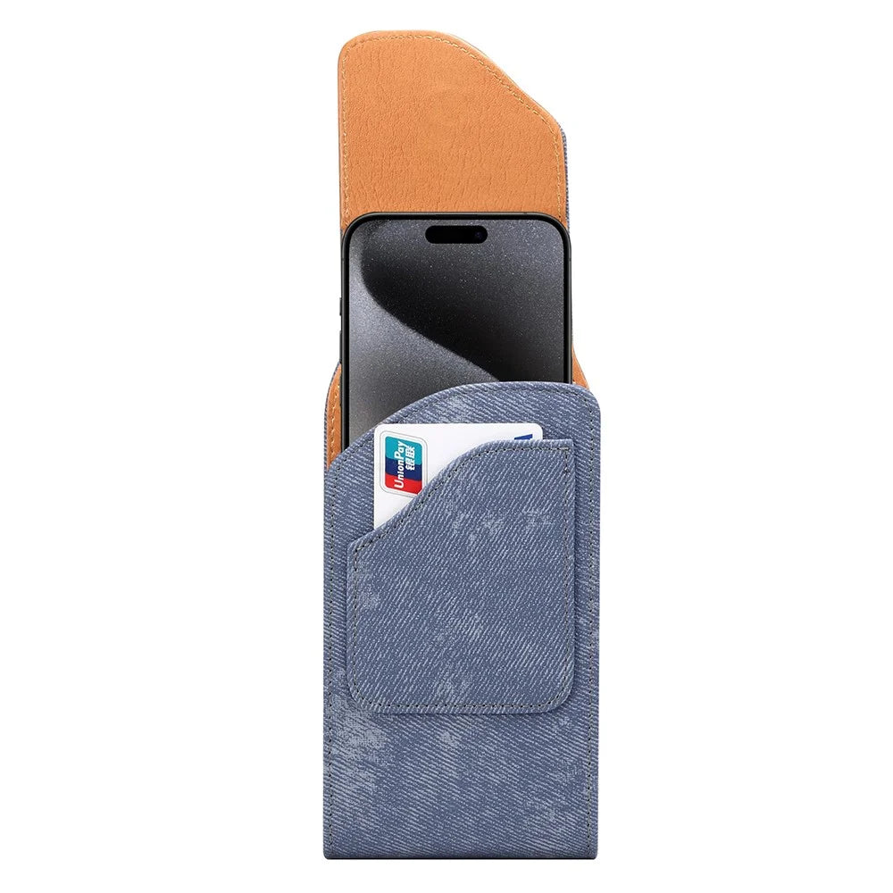 6.7  /  6.9 inch Phone Case Holster for iPhone 16 Pro Max  /  Samsung Galaxy S25 Ultra  /  S24 Ultra , Jeans Cloth Texture Belt Clip Leather Bag - Blue - 3