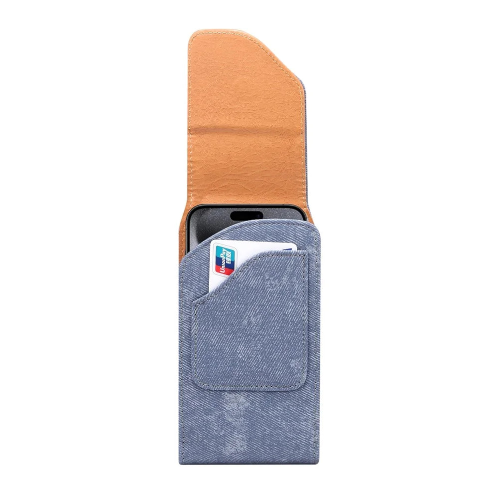 6.7  /  6.9 inch Phone Case Holster for iPhone 16 Pro Max  /  Samsung Galaxy S25 Ultra  /  S24 Ultra , Jeans Cloth Texture Belt Clip Leather Bag - Blue - 6