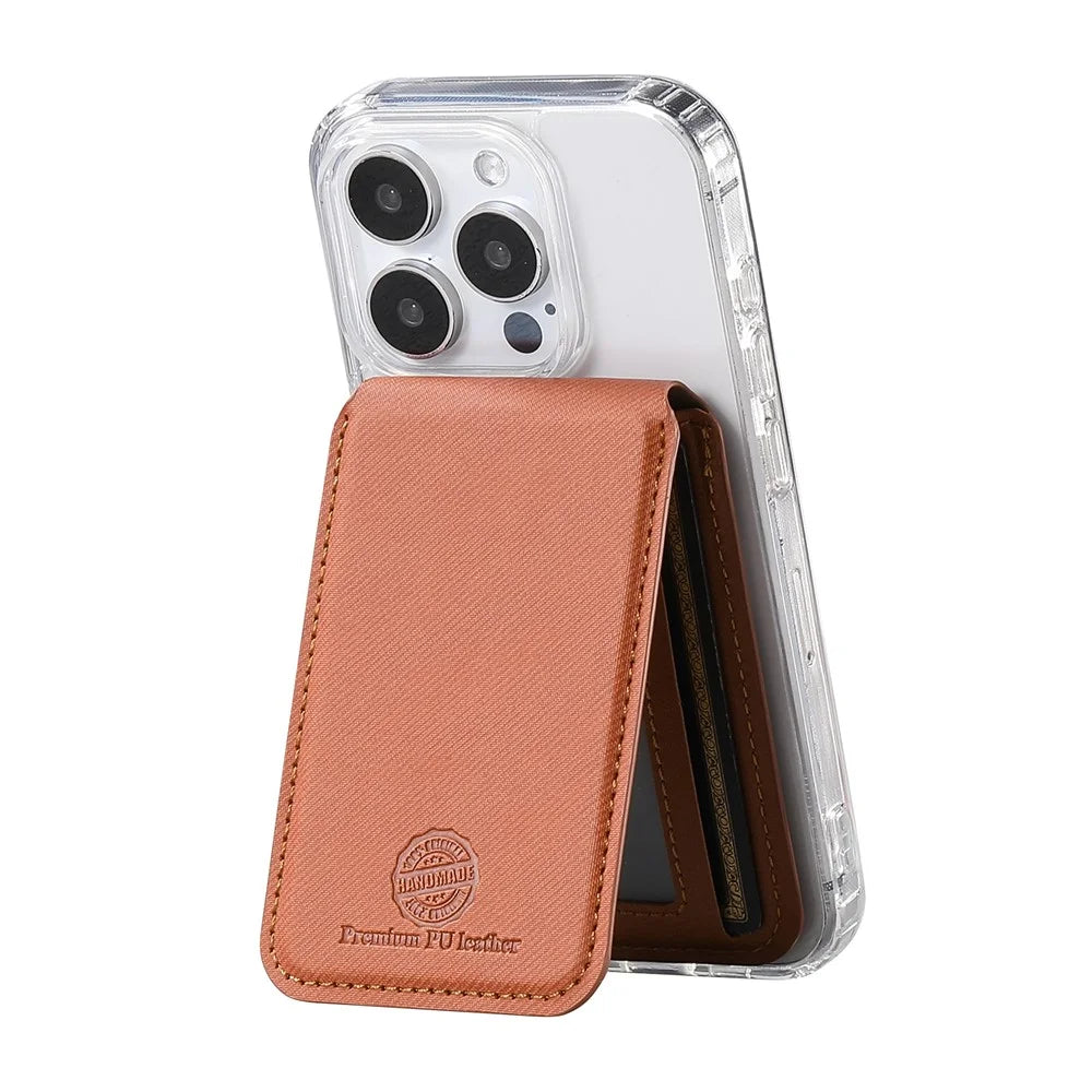 MC-W28 Ultra Thin Magnetic Card Holder for Phone Back RFID Blocking Twill Pattern Kickstand Card Case - Brown - 1