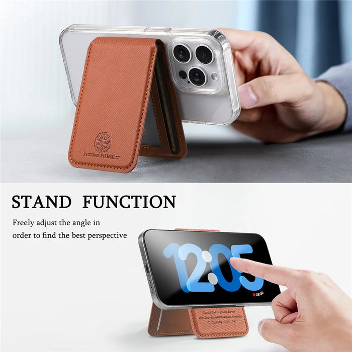 MC-W28 Ultra Thin Magnetic Card Holder for Phone Back RFID Blocking Twill Pattern Kickstand Card Case - Brown - 6