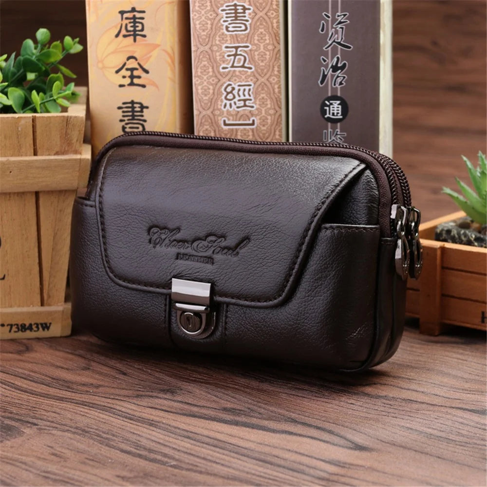 Genuine Cow Leather Belt Holster Phone Pouch Large Size Waist Pack Multi-Functional Wear-Resistant - Coffee - 2