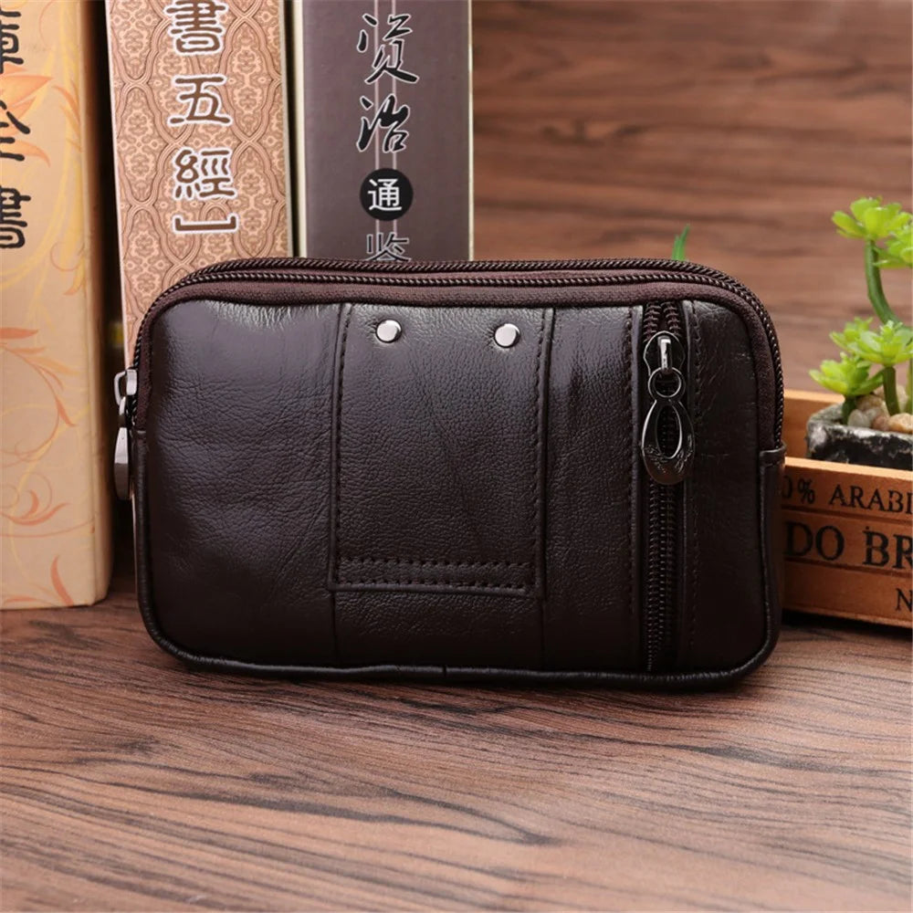 Genuine Cow Leather Belt Holster Phone Pouch Large Size Waist Pack Multi-Functional Wear-Resistant - Coffee - 3