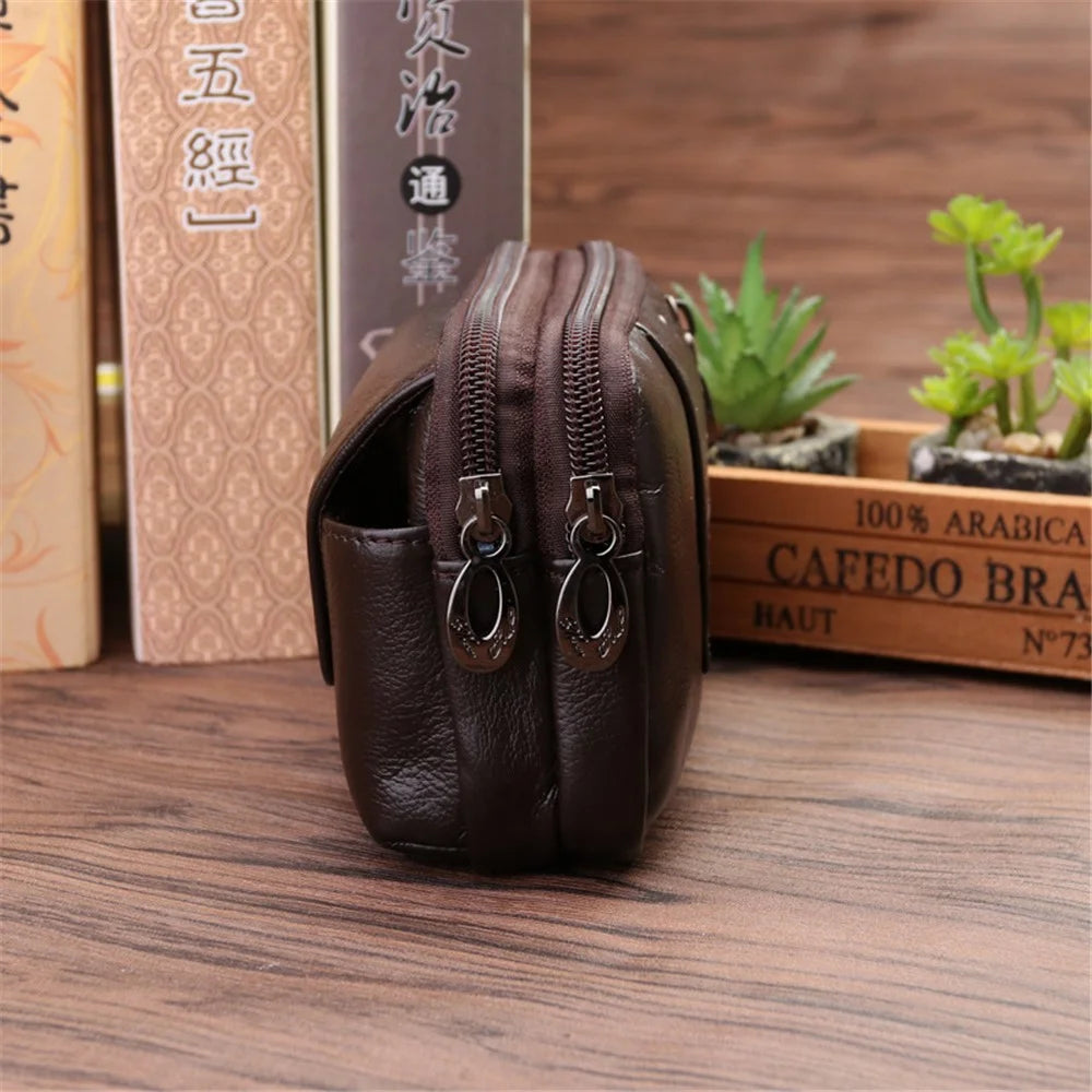 Genuine Cow Leather Belt Holster Phone Pouch Large Size Waist Pack Multi-Functional Wear-Resistant - Coffee - 4
