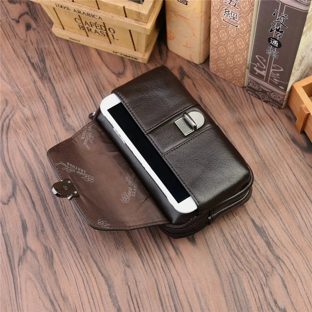 Genuine Cow Leather Belt Holster Phone Pouch Large Size Waist Pack Multi-Functional Wear-Resistant - Coffee - 5
