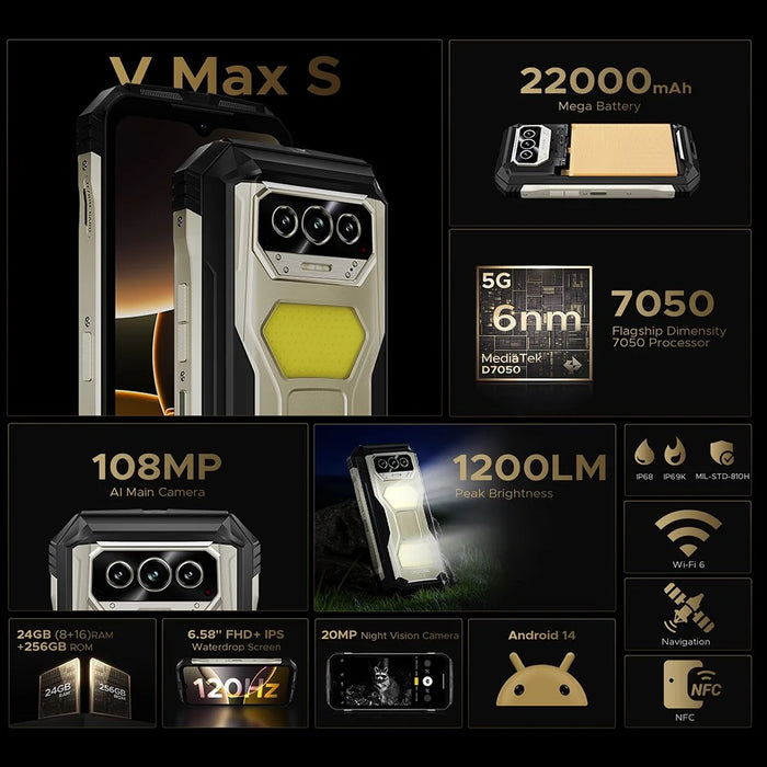 DOOGEE V MAX S 5G Rugged Smartphone 6.58 inch Dimensity 7050 8GB + 256GB 22000mAh Battery 108MP Camera Android 14 - Tarnish - 6