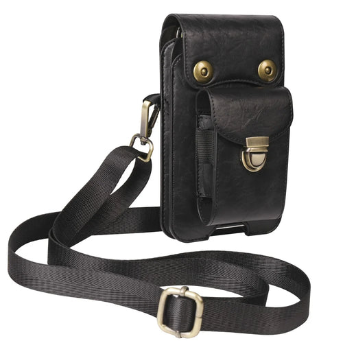 6.7 inch Crossbody Bag Vertical Phone Waist Bag Leather Belt Bag with Shoulder Strap - Black - 1