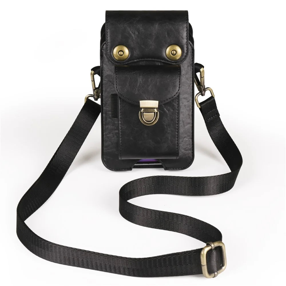 6.7 inch Crossbody Bag Vertical Phone Waist Bag Leather Belt Bag with Shoulder Strap - Black - 2