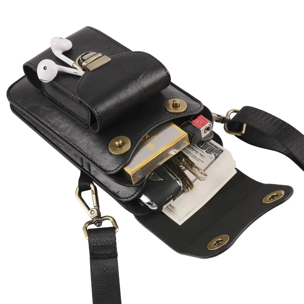 6.7 inch Crossbody Bag Vertical Phone Waist Bag Leather Belt Bag with Shoulder Strap - Black - 5
