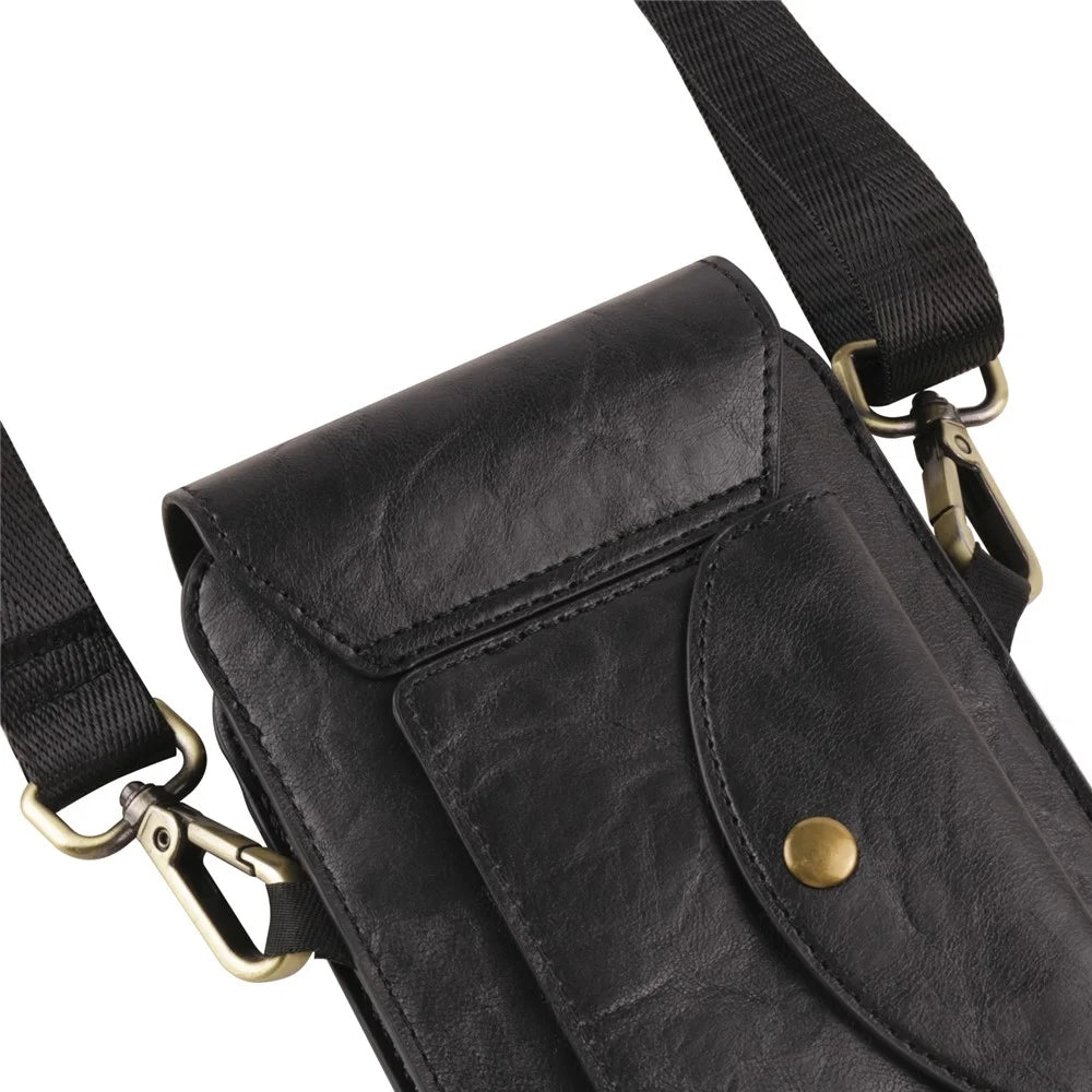 6.7 inch Crossbody Bag Vertical Phone Waist Bag Leather Belt Bag with Shoulder Strap - Black - 6