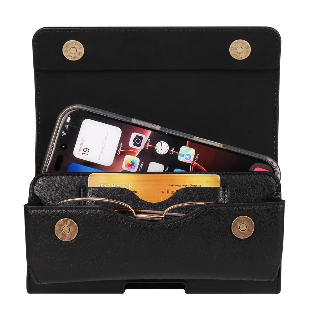 For 6.1 - 6.3 inch Phone Belt Holder Case Universal Waist Pack with Eyeglass Holder Elastic Band - Black - 3