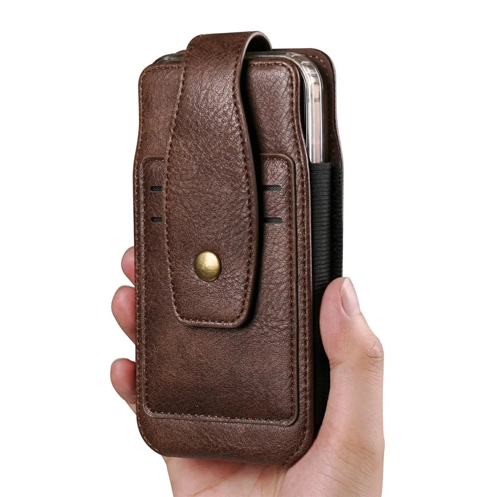 For 6.7 - 6.9 Inch Phone Pouch Vertical Card Holder PU Leather Elastic Side Bands Waist Case - Coffee - 6