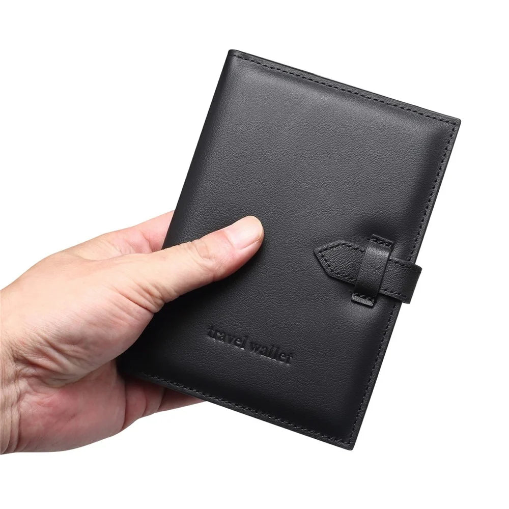 Genuine Cow Leather Business Passport Storage Bag Multi-Function Travel Wallet Organizer Card Ticket Holder - Black - 4